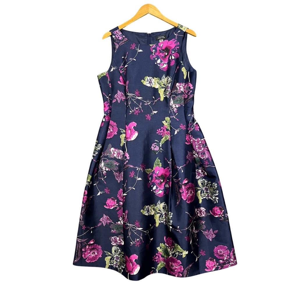 Tahari Arthur S Levine Fit & Flare Dress Womens 12 Formal Blue Floral Pockets